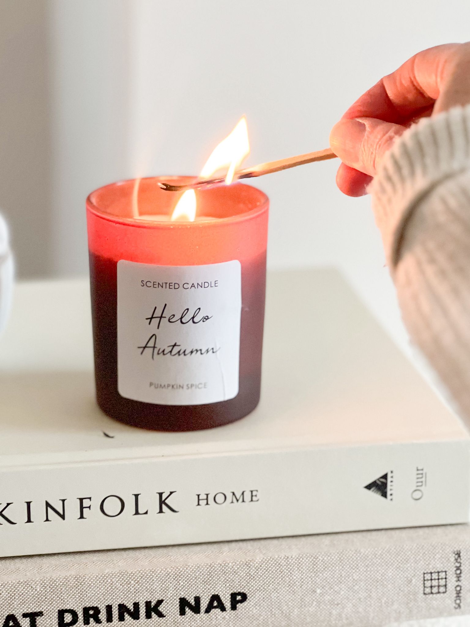 Hello Autumn scented candle in hessian bag