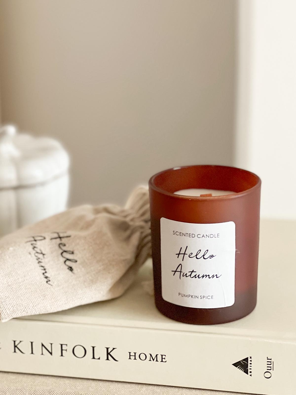 Hello Autumn scented candle in hessian bag