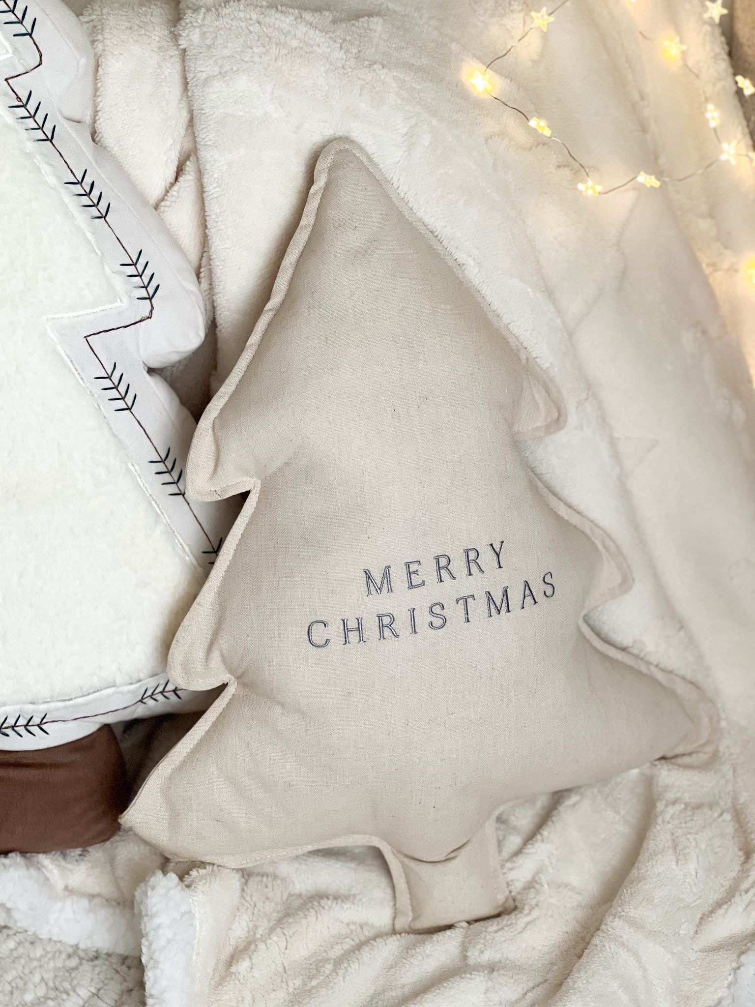 Christmas tree shaped ‘Merry Christmas’ cushion