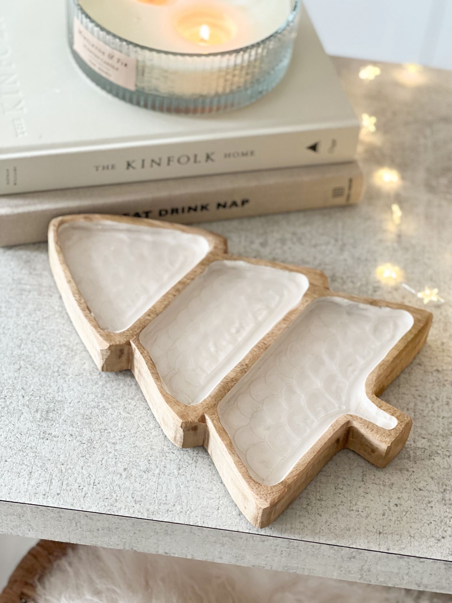 Mango wood and enamel Christmas tree platter