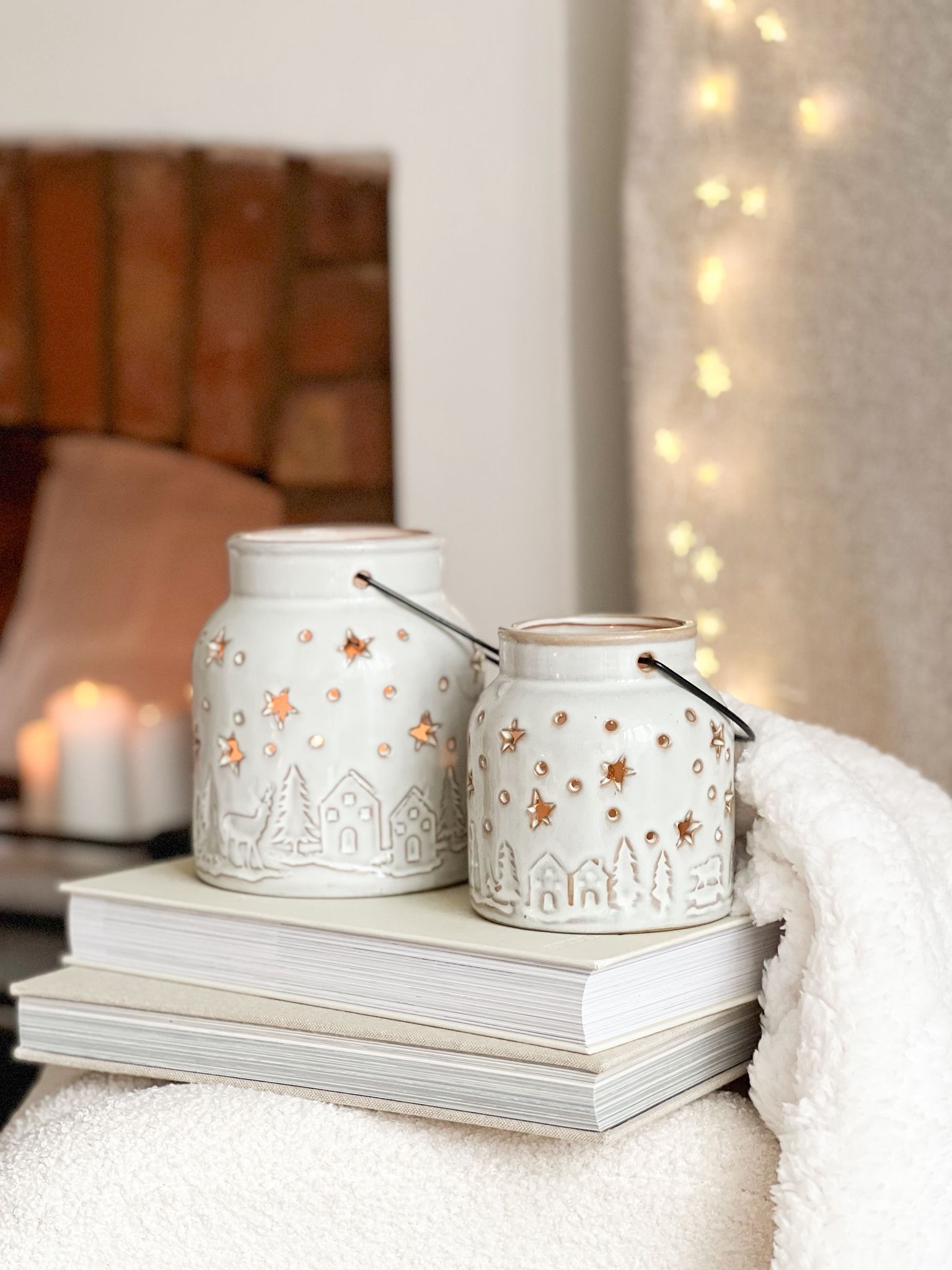 Ceramic festive scene lantern with handle – two sizes