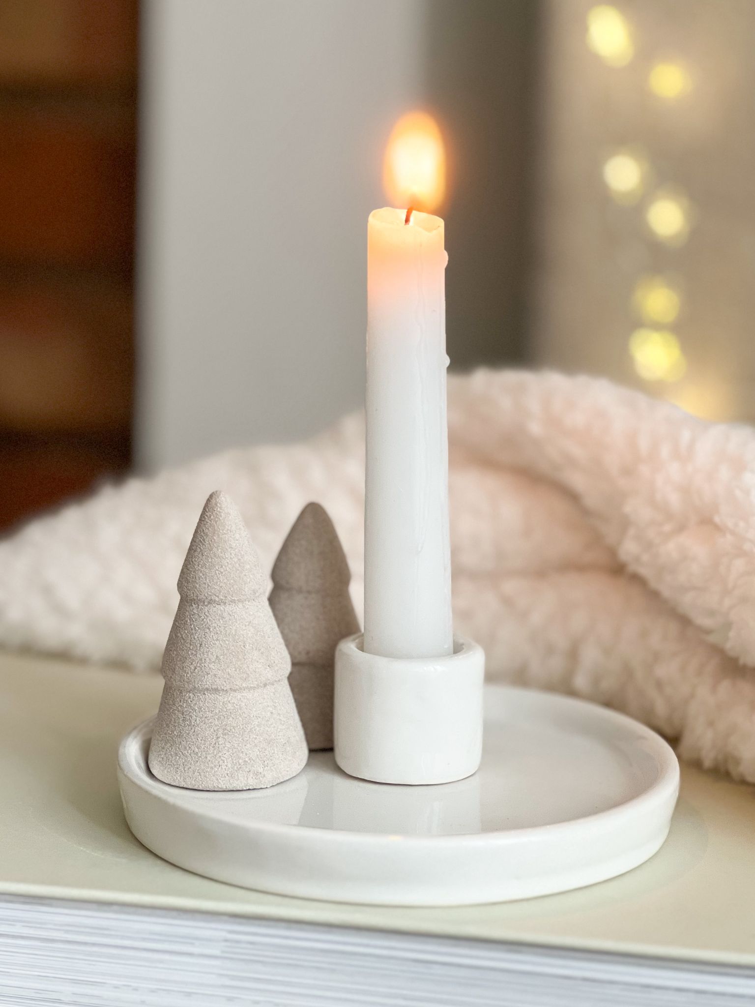 Ceramic tray with candle holder & decorative trees