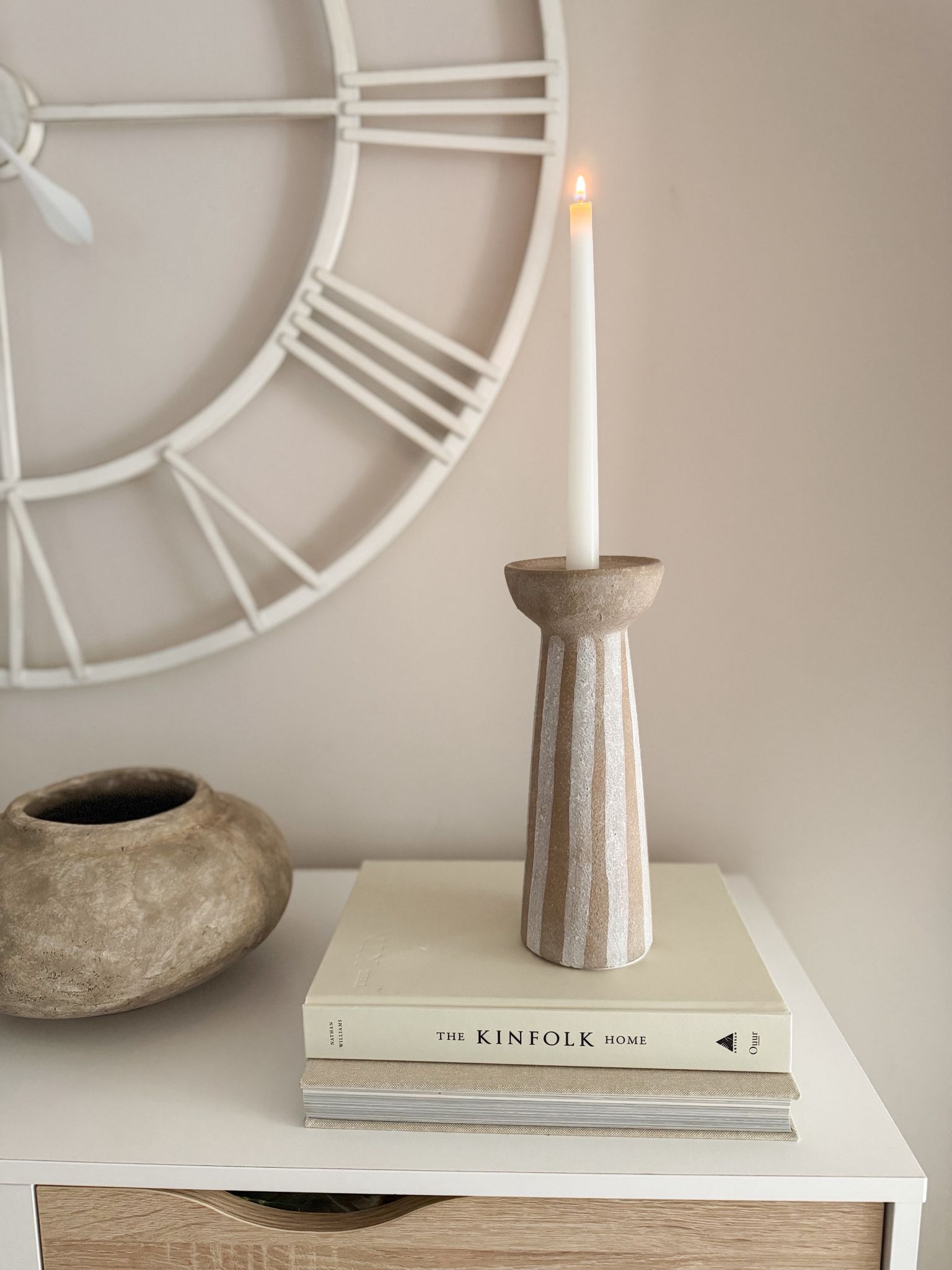 Rustic ceramic stripe large candle holder