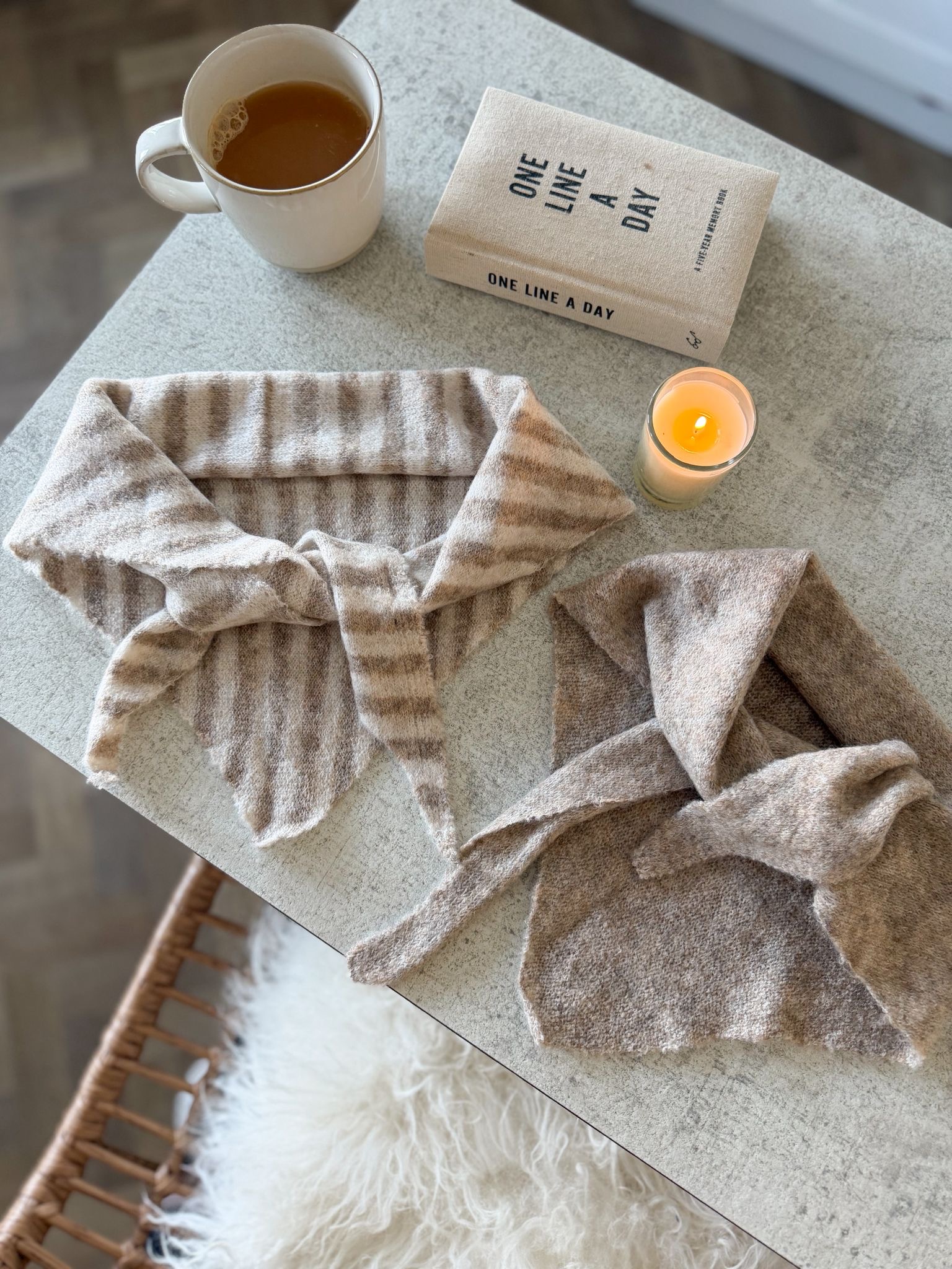 Softest wool blend triangle scarf in neutral stripe