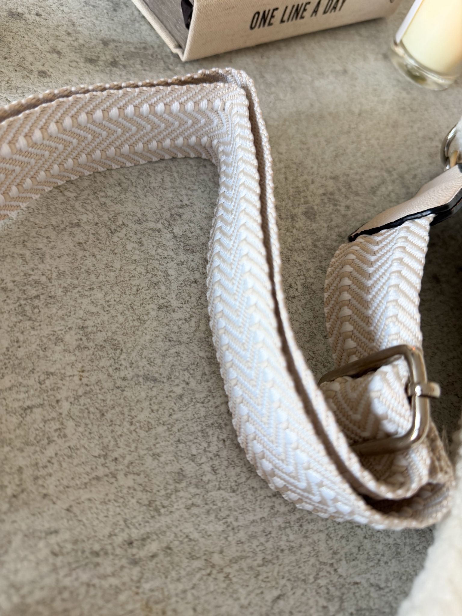 Boucle teddy cross body bag in cream with herringbone strap