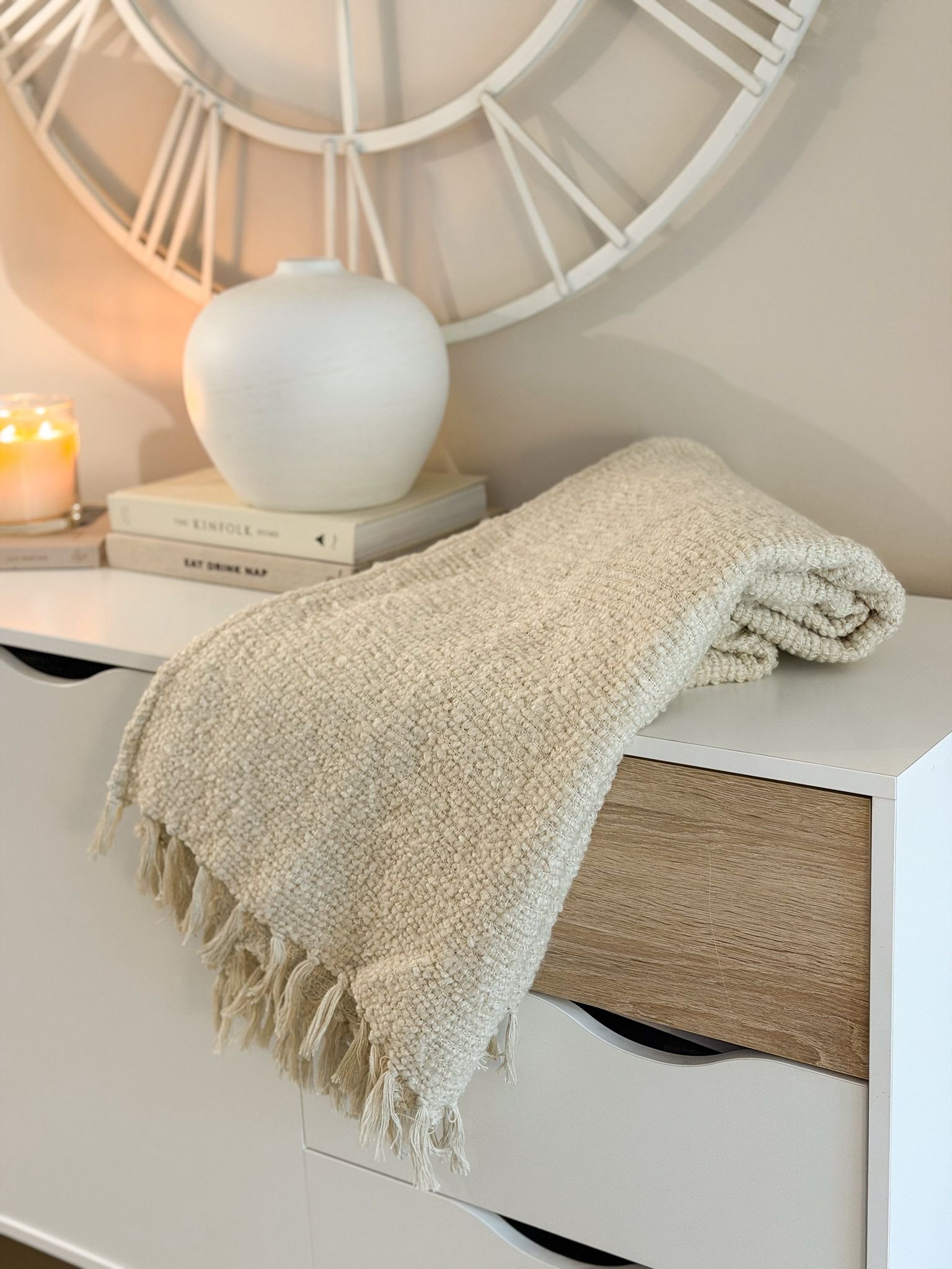 Textured tassel boucle throw in ecru