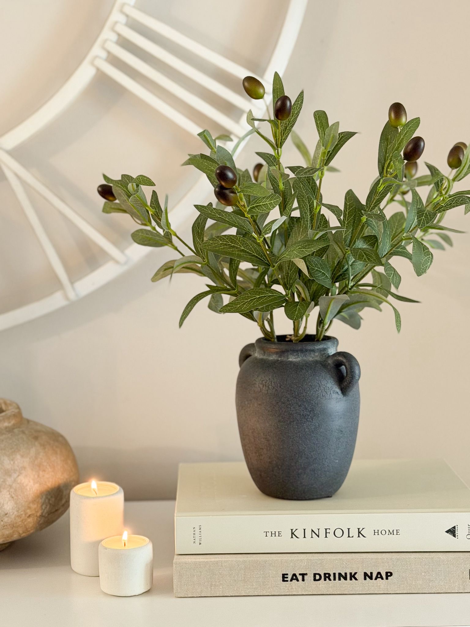 Faux olive tree in rustic style handled pot
