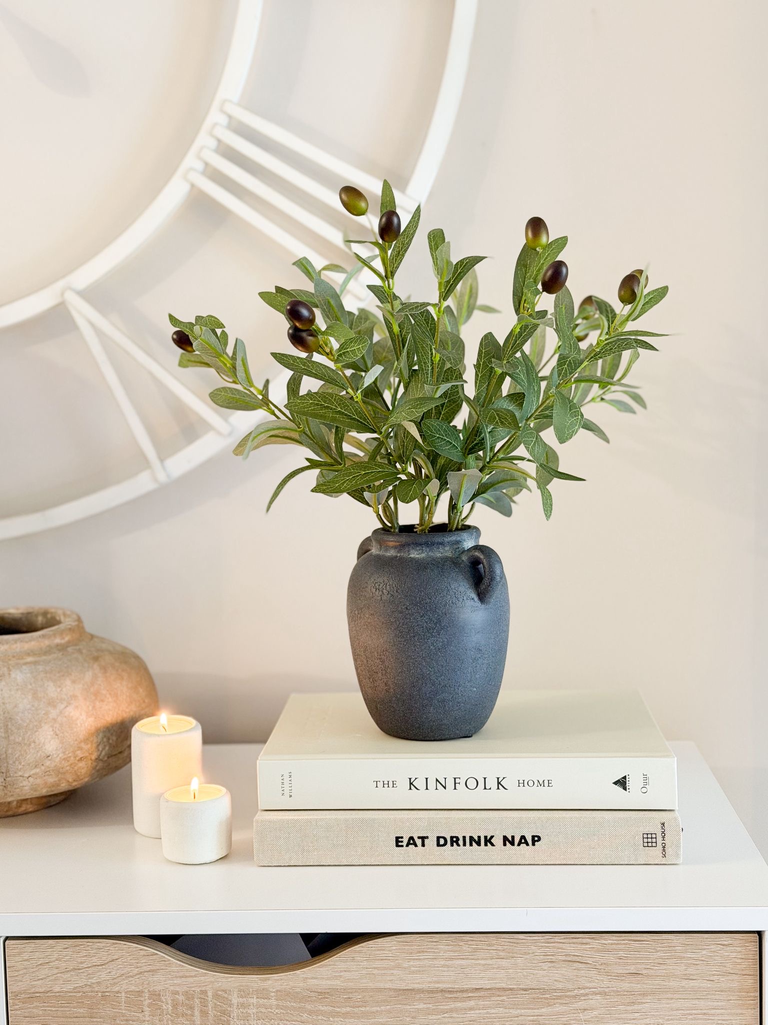Faux olive tree in rustic style handled pot