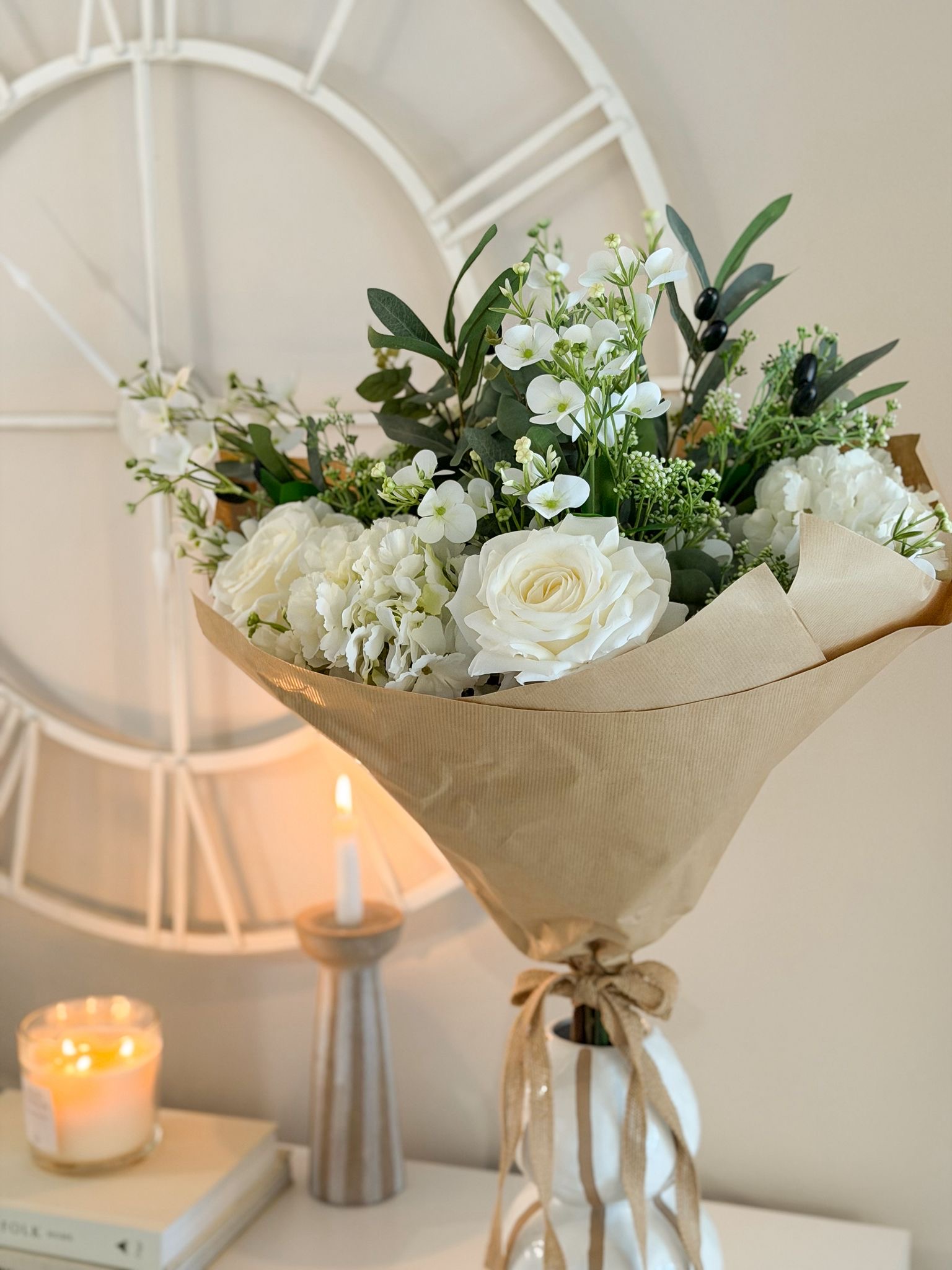 Luxury quality very large hand tied bouquet of wrapped faux flowers