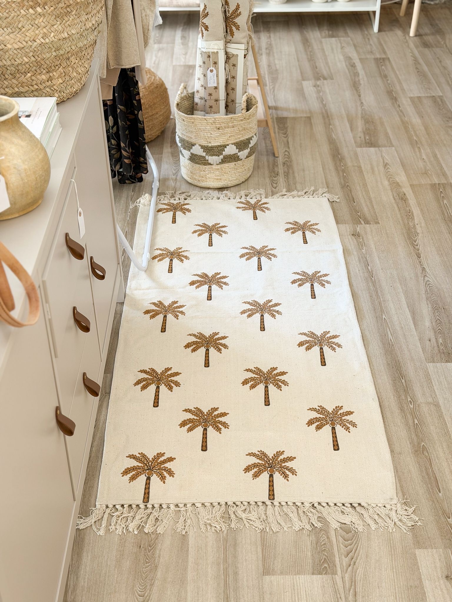 Woven cotton boho palm tree runner rug
