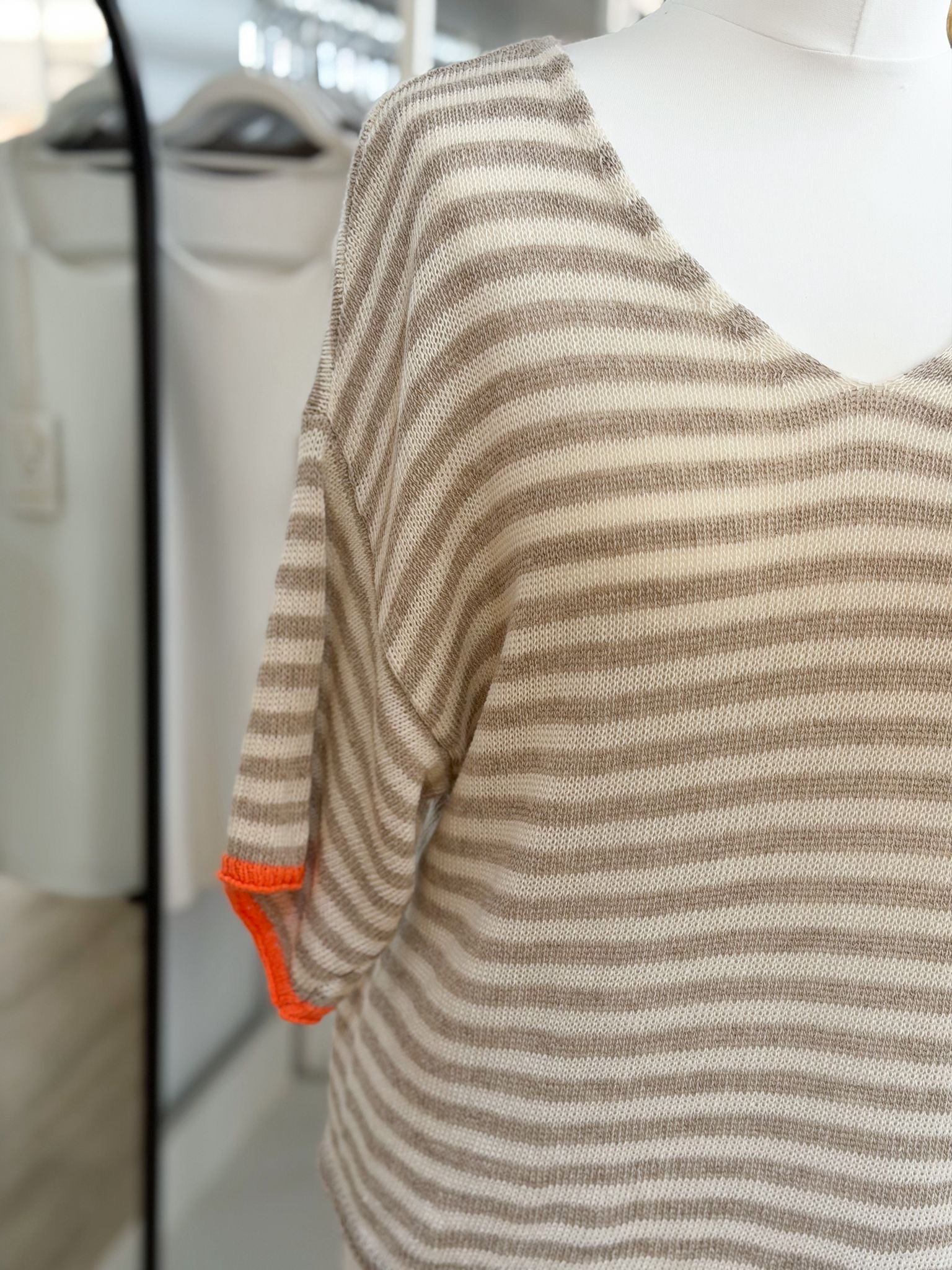 Light knit stripe top with orange banding