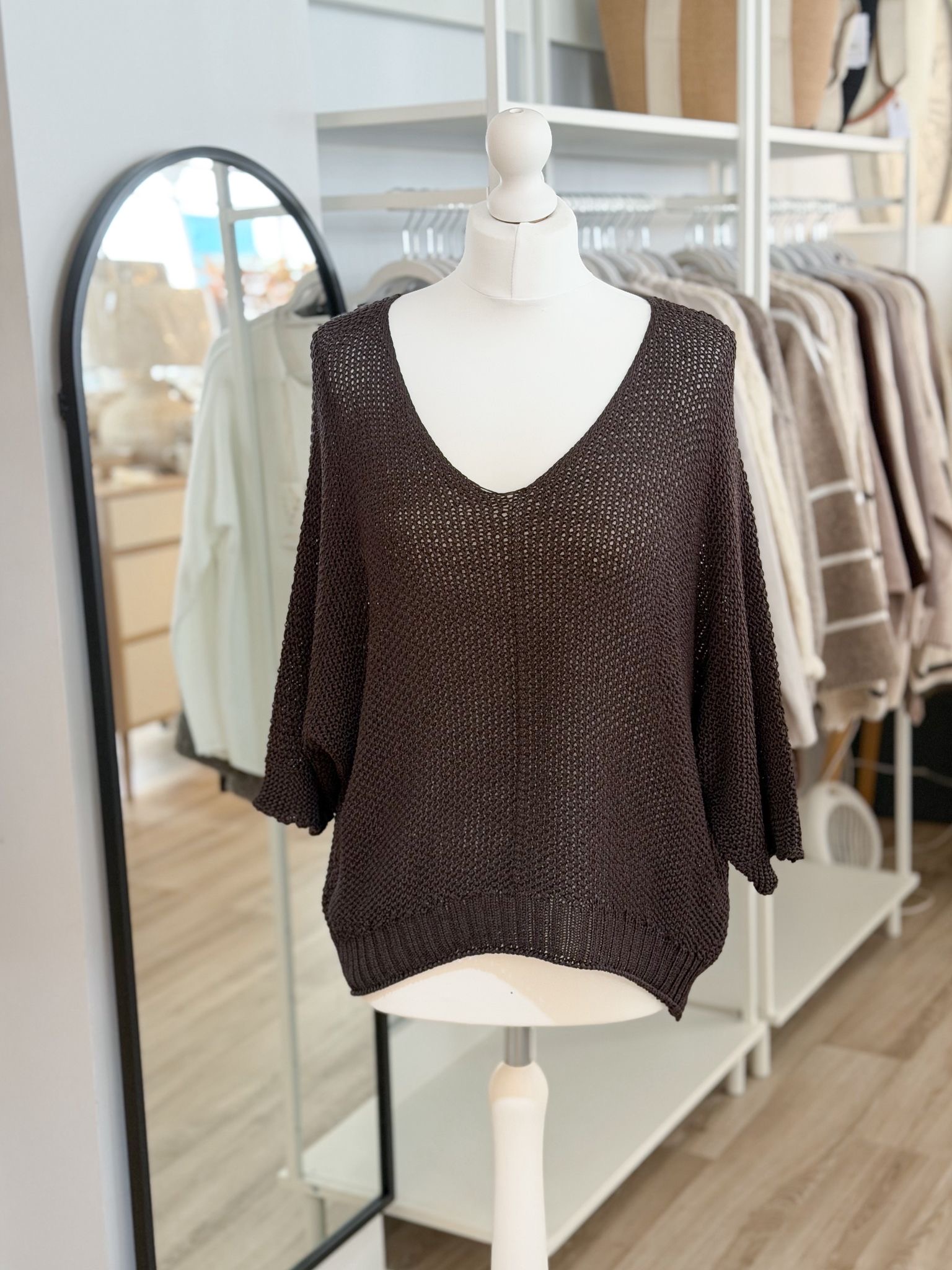 Light weight open knit vneck top in chocolate