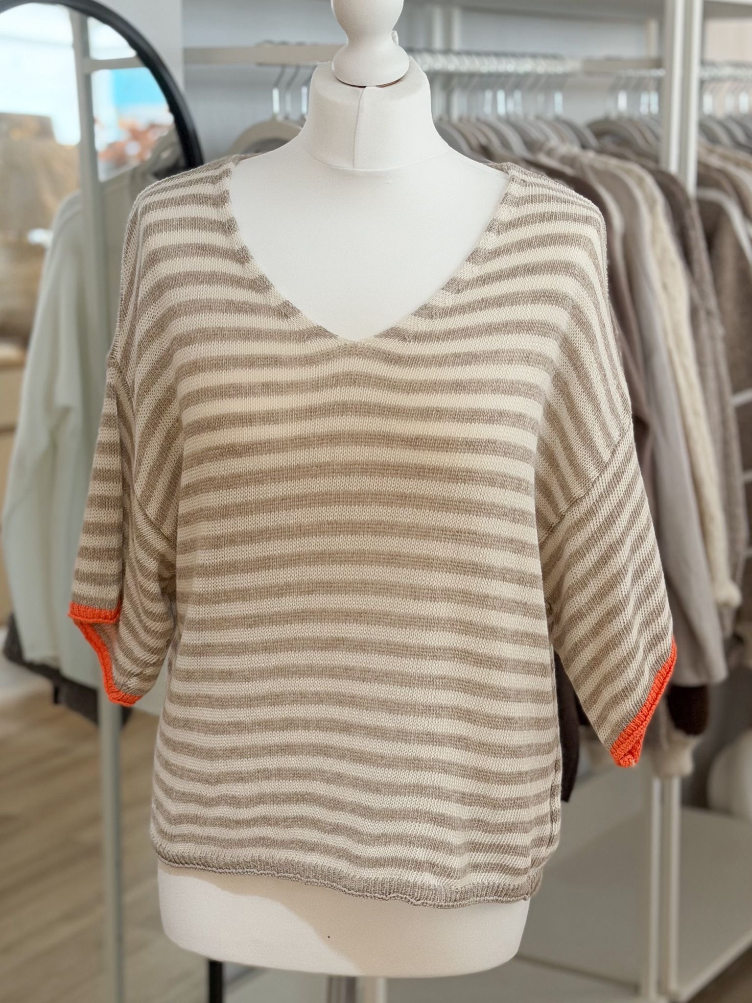 Light knit stripe top with orange banding