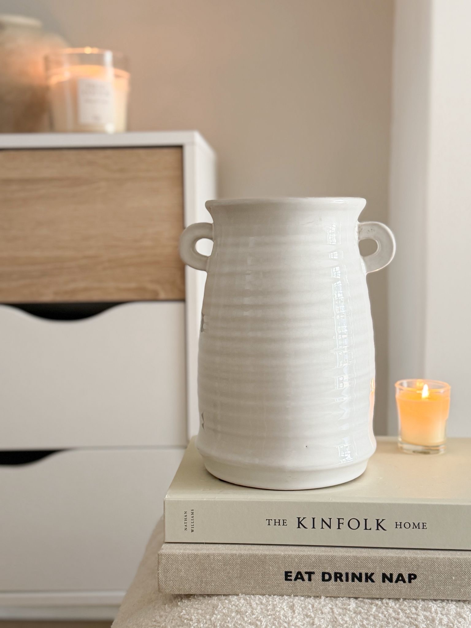 Large crackle glaze ceramic white vase with decorative handles