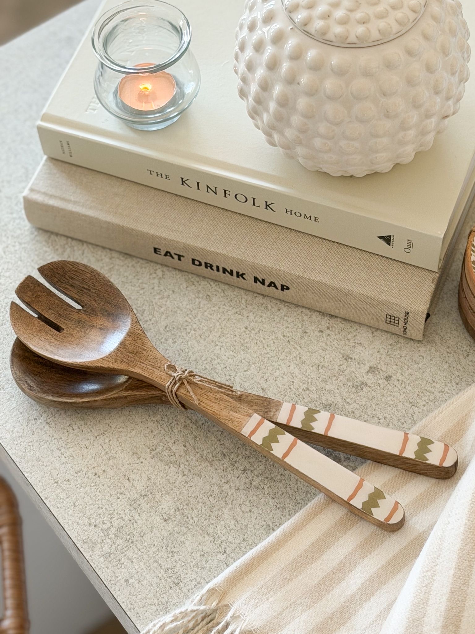 Wooden salad servers with decorative handles