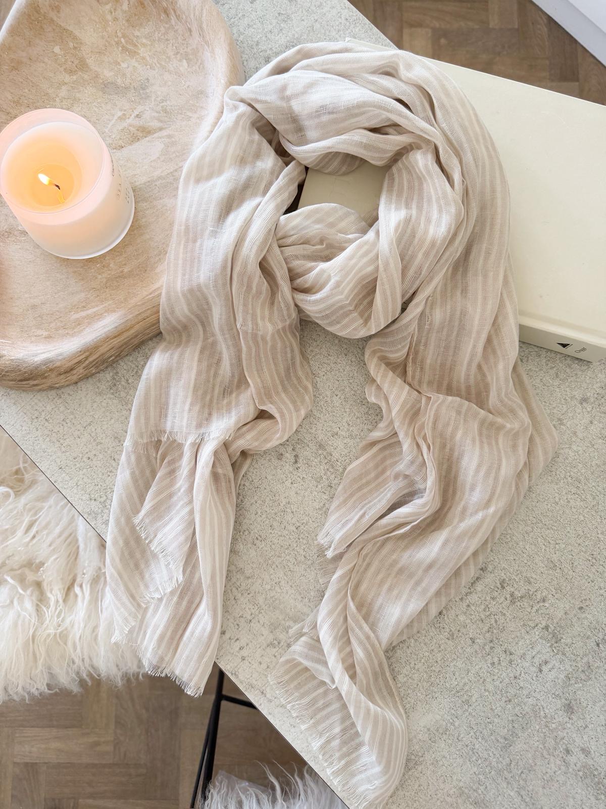 Loose weave light beige frayed edge stripe scarf