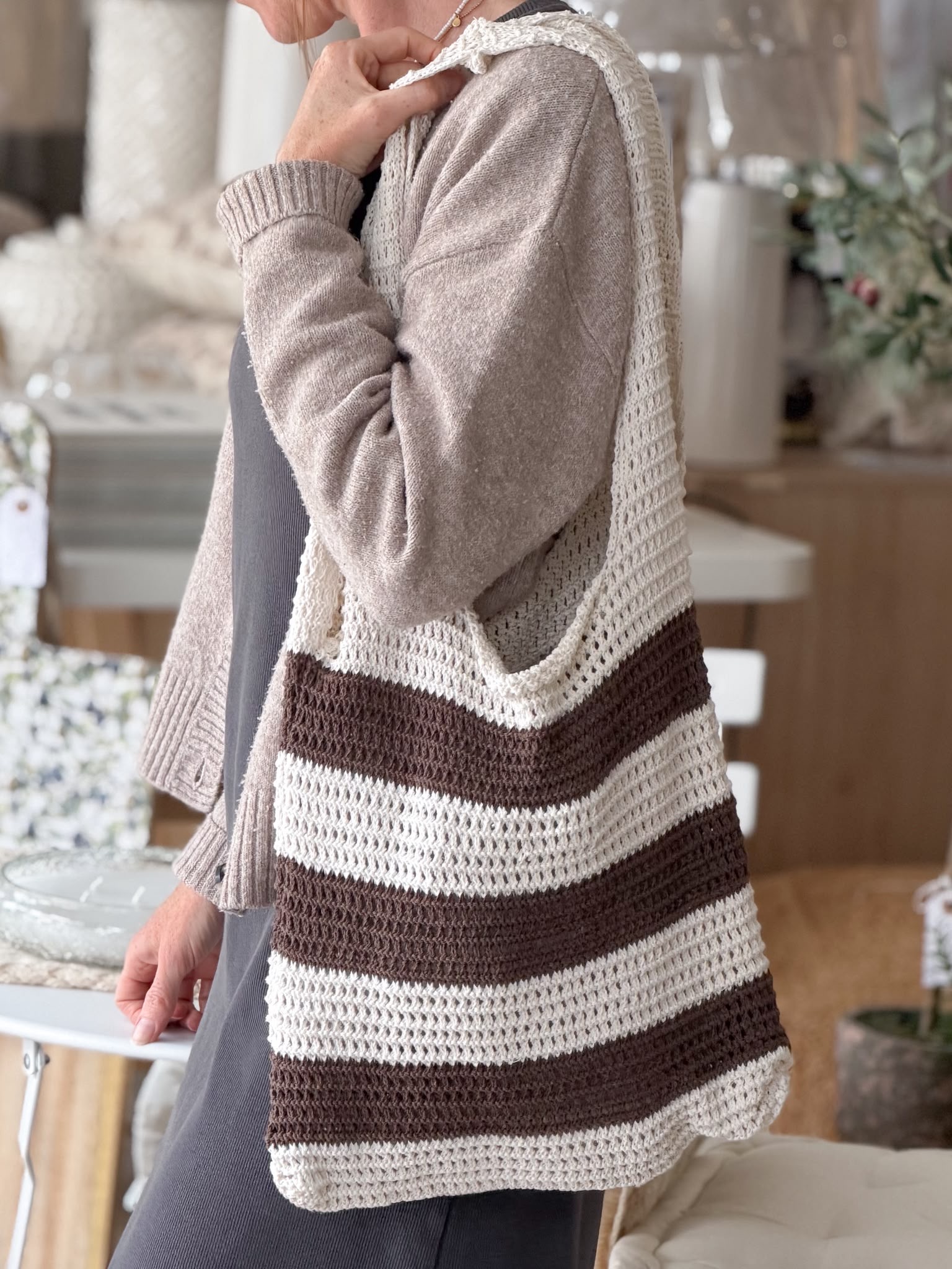 Striped crochet handled bag