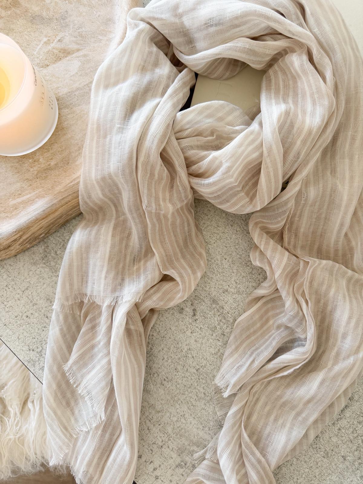 Loose weave light beige frayed edge stripe scarf