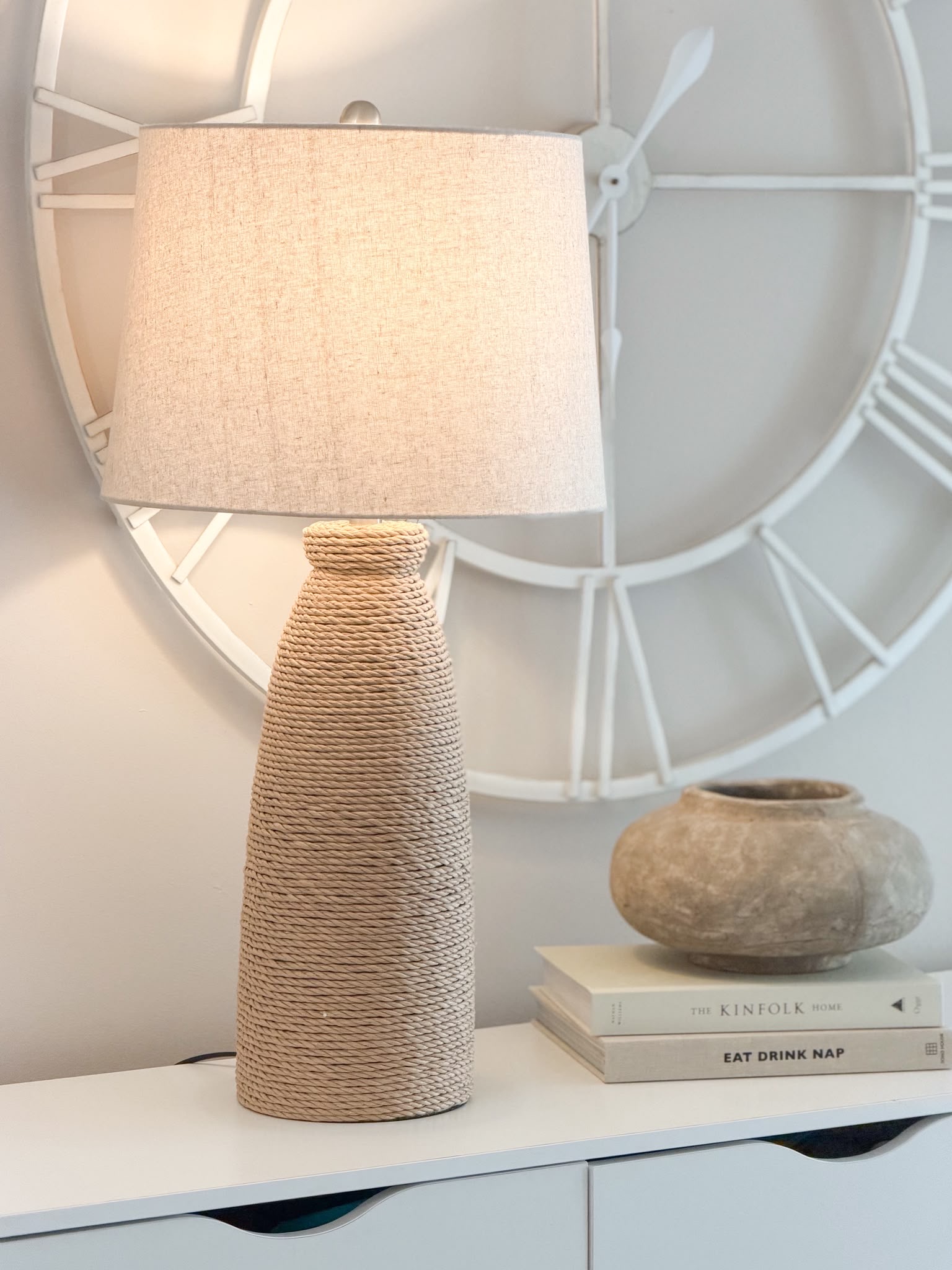 Very large statement woven lamp with linen shade