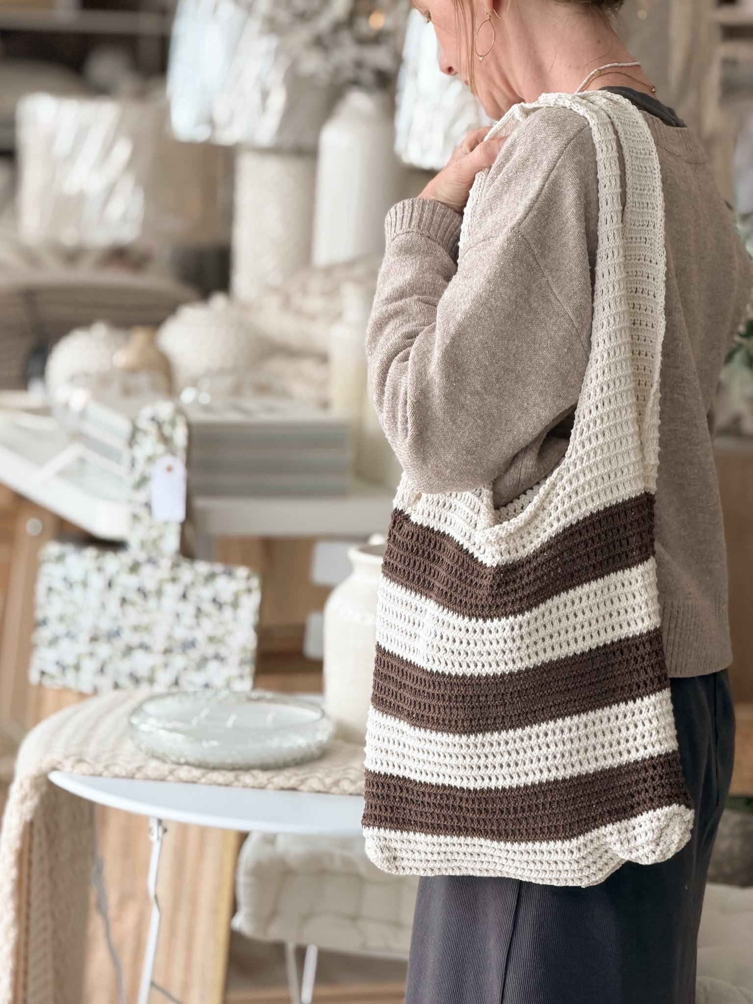 Striped crochet handled bag