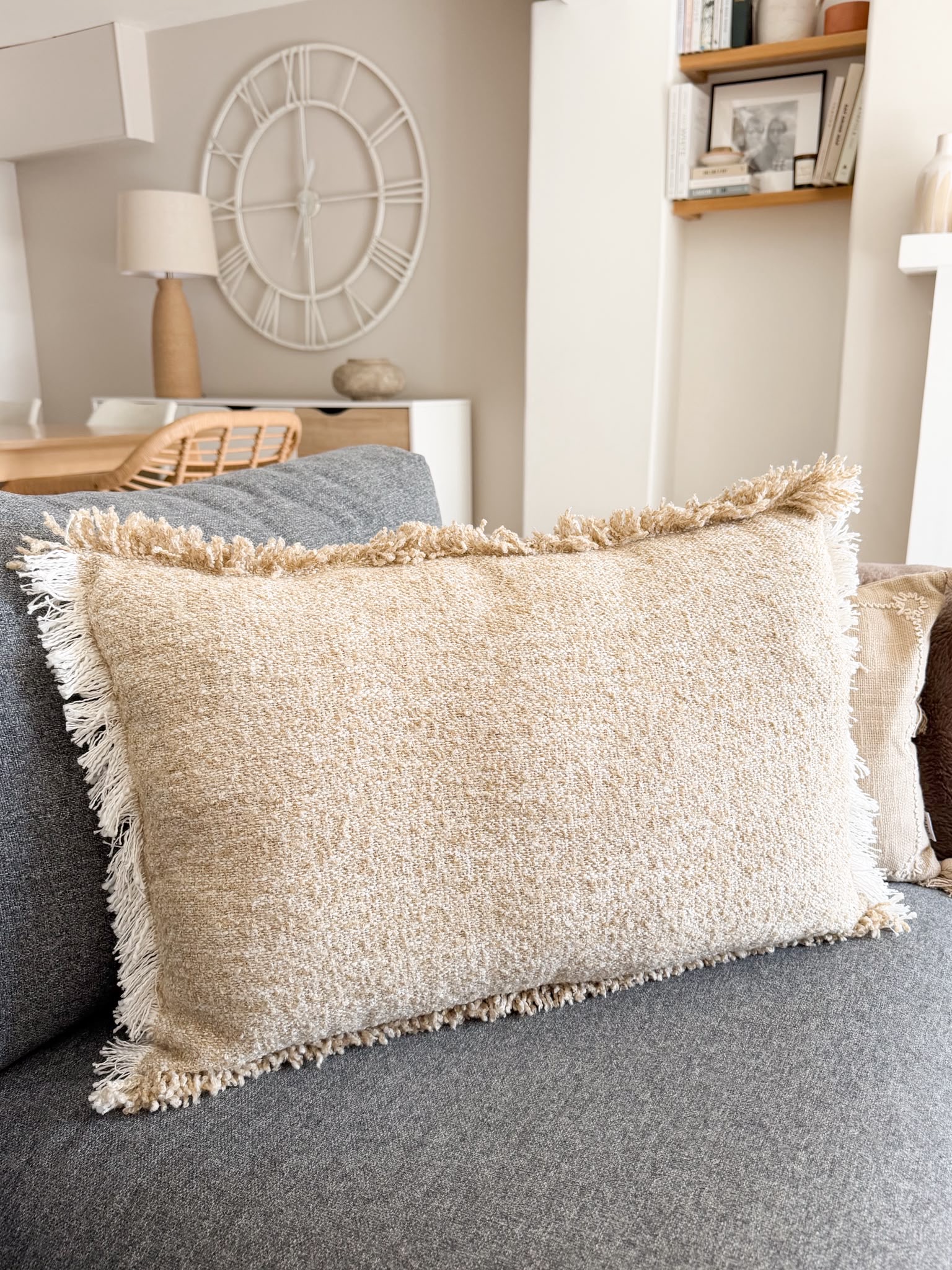 Quality textured large long cushion with frill